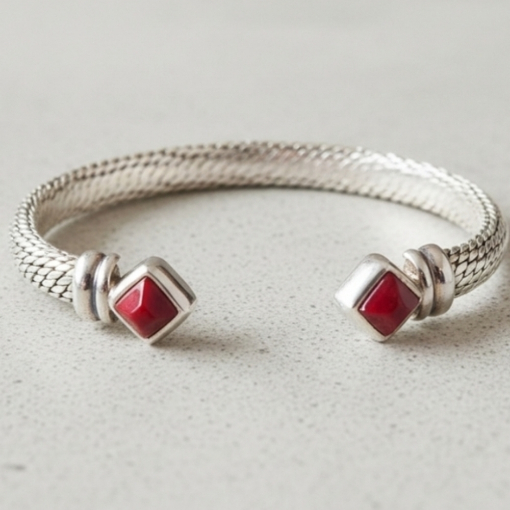 Vintage Sterling Silver 925 Mexico Red Jasper Cuff Bracelet